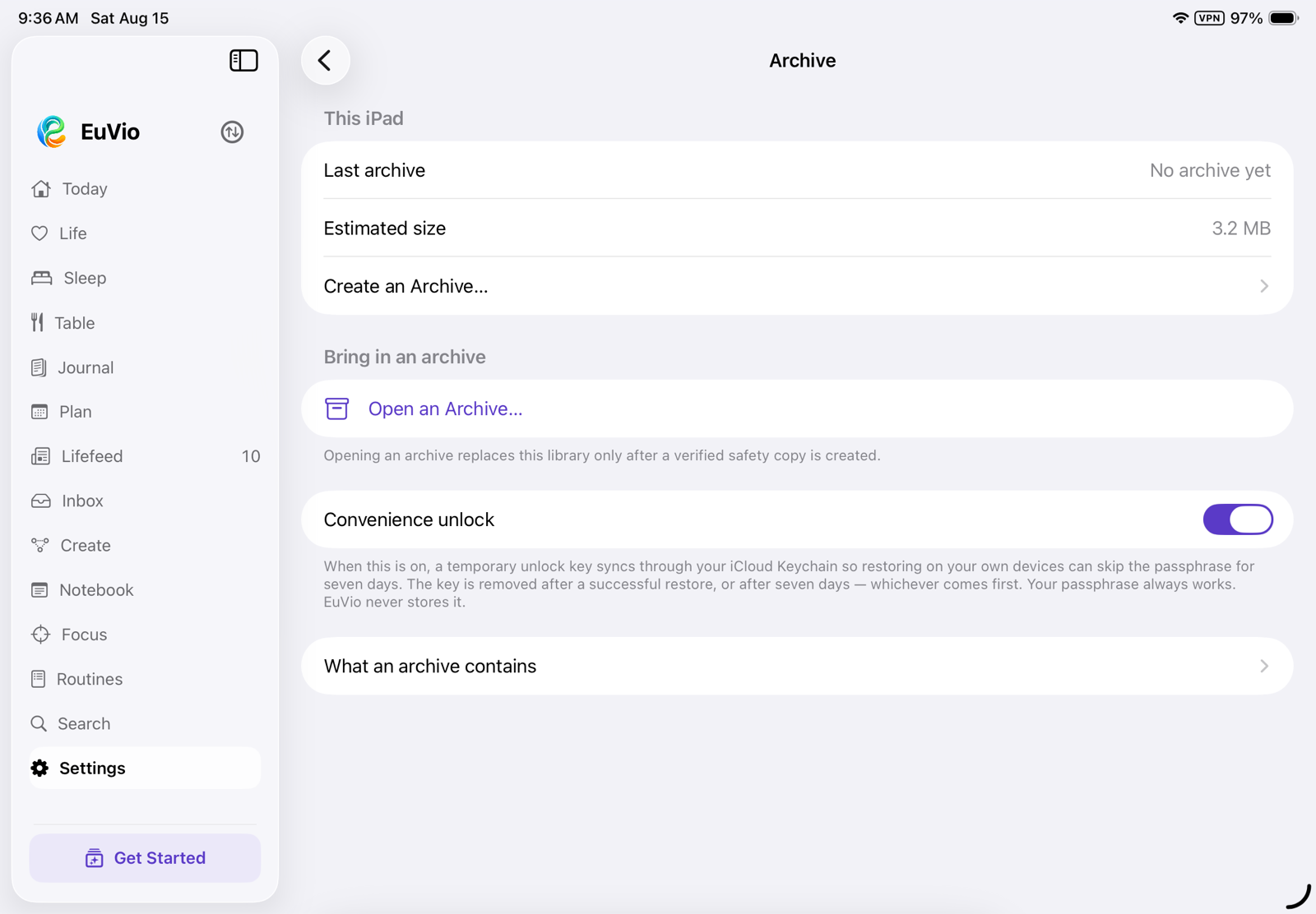 EuVio Archive screen with encrypted archive creation, restore, and convenience unlock controls