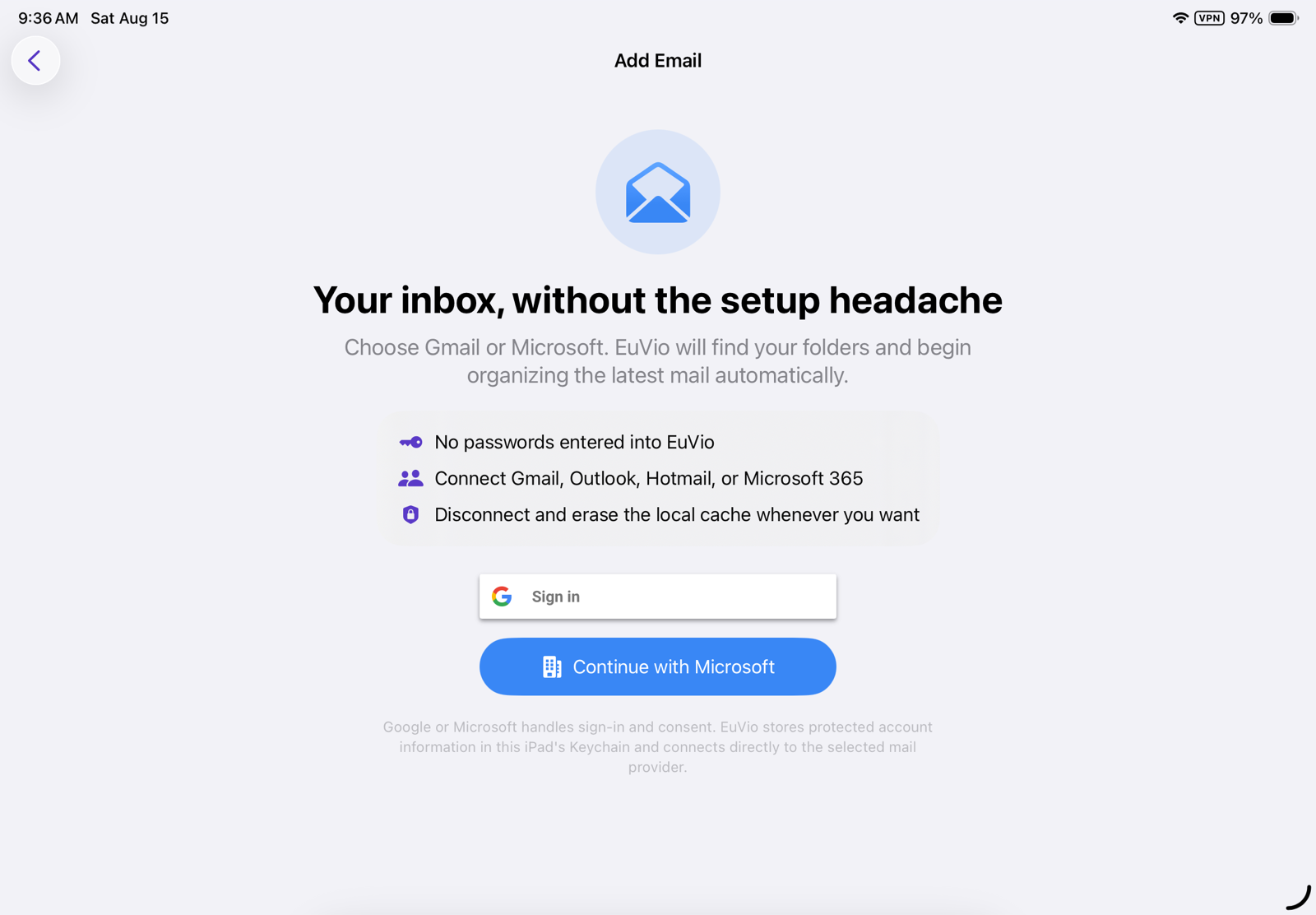 EuVio mail setup explaining direct Gmail and Microsoft connections