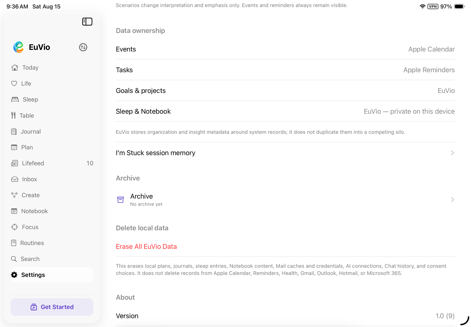 EuVio settings showing where events, tasks, goals, projects, sleep, and notebook data are stored