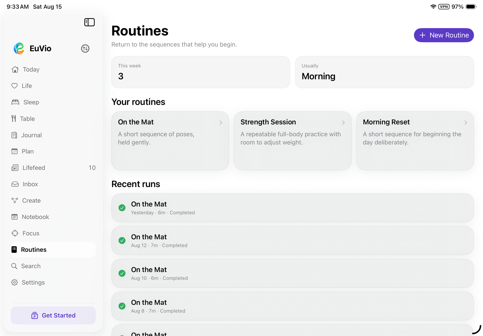 Routines view with morning practices and recent completed runs